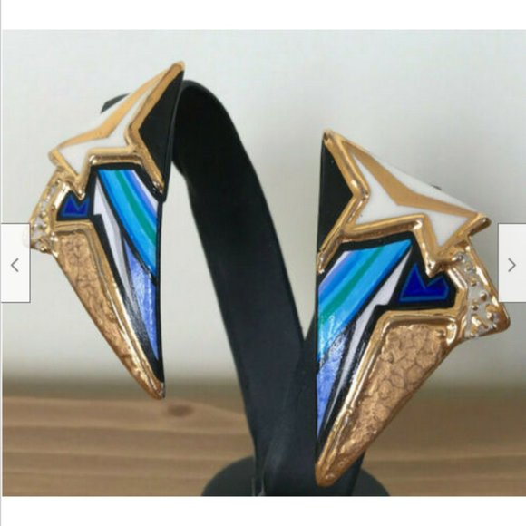 Bold Blue & Gold Glam Lightening Bolt Handpainted Ceramic Earrings Artist Signed - Picture 2 of 7